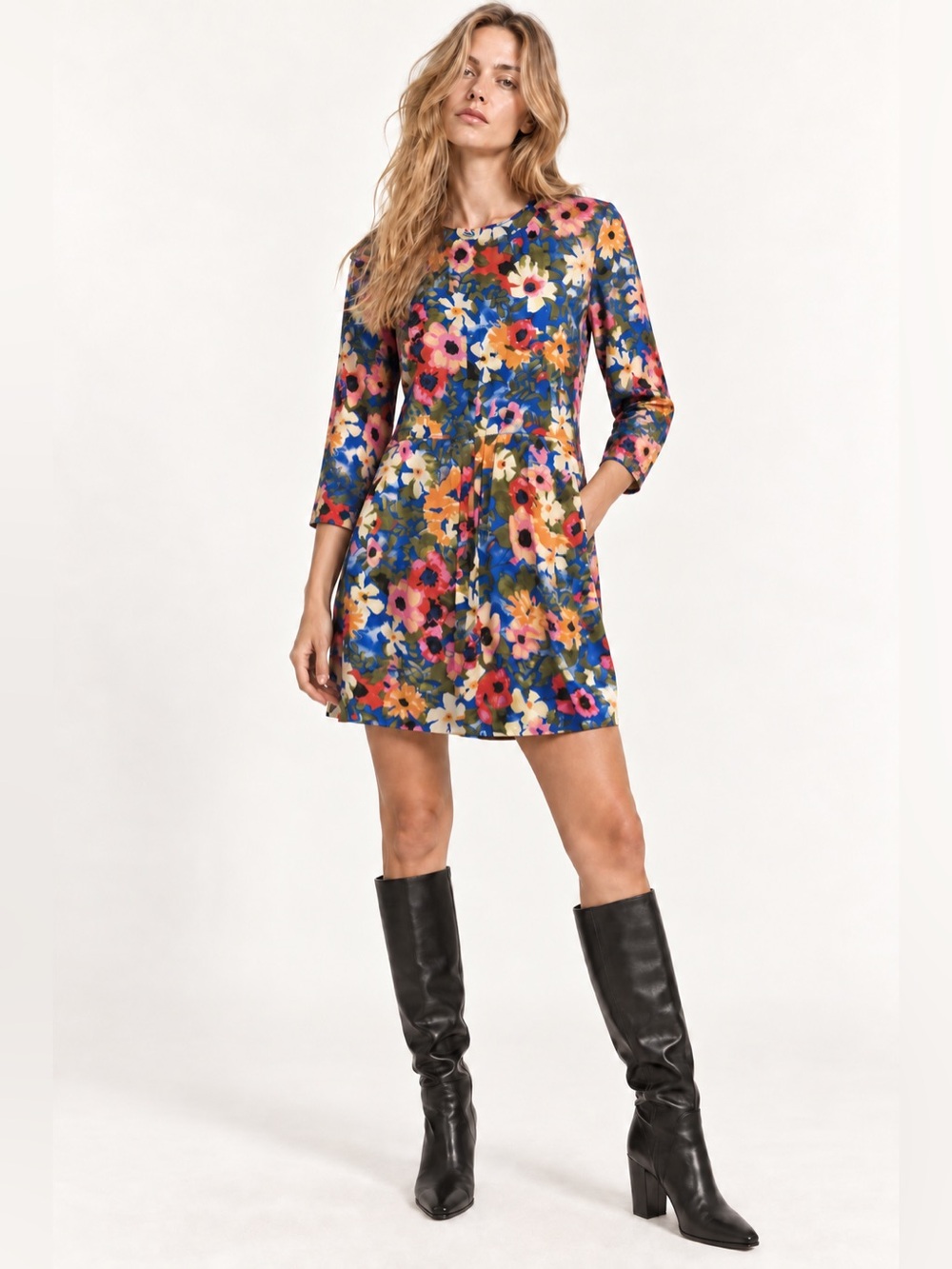 100% Silk Cobalt Blue Multicolor Floral Fit Flare Dress Large